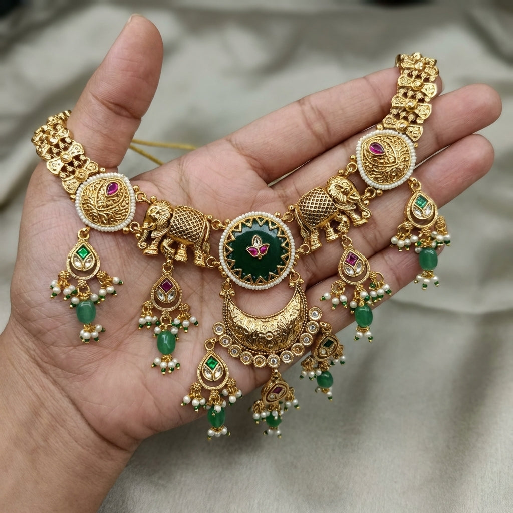 Royal Elephant Temple Necklace Set with  Jhumkas – Premium Collection