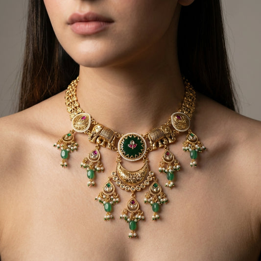 Royal Elephant Temple Necklace Set with  Jhumkas – Premium Collection