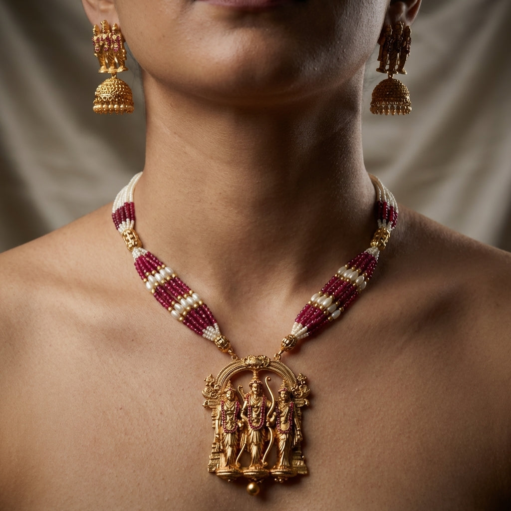 Shree Ram Darbar Pearl Beaded Long Haram  Set – Premium Collection