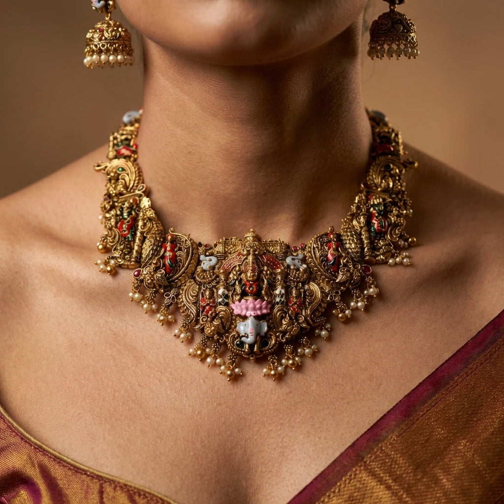 Shree Ganesh Pearl Temple Necklace Set